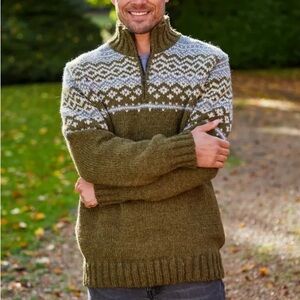 NWT hand knit wool half-zip fair isle sweater